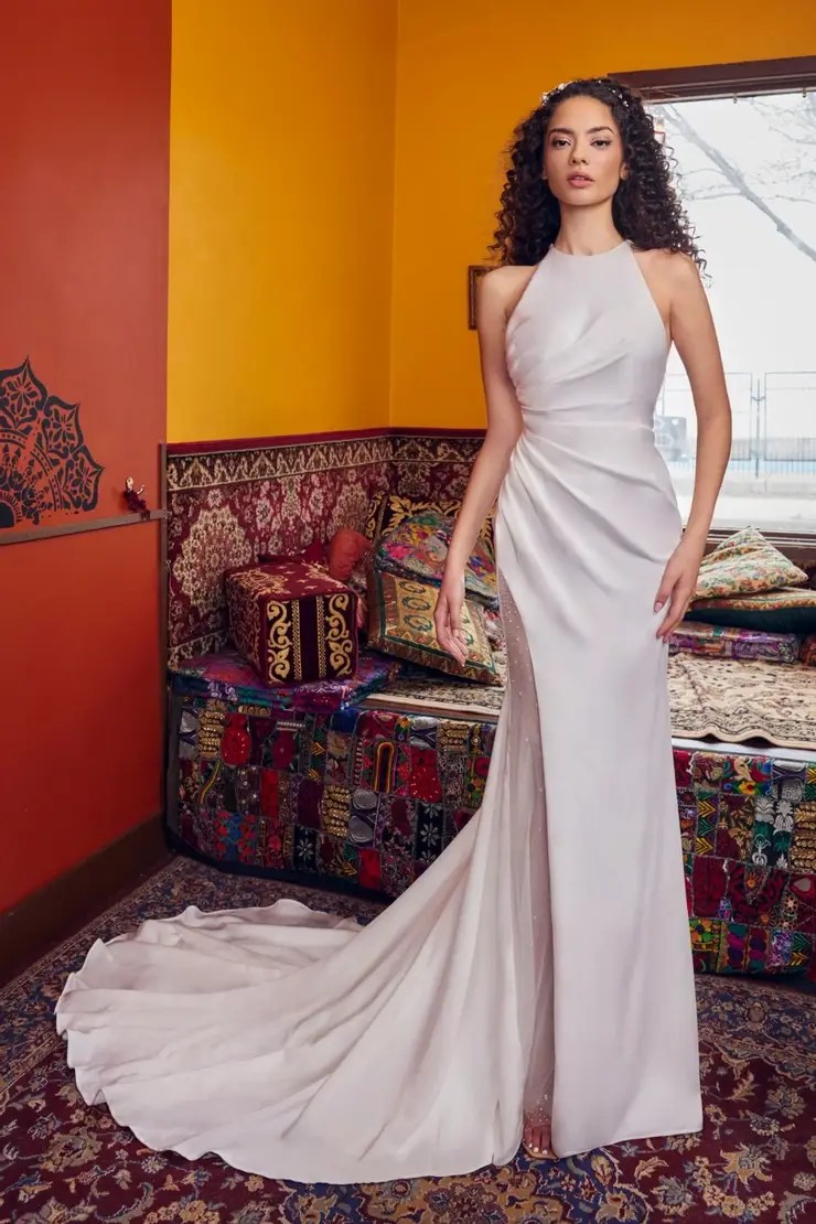 Model wearing a La Perle by Calla Blanche gown
