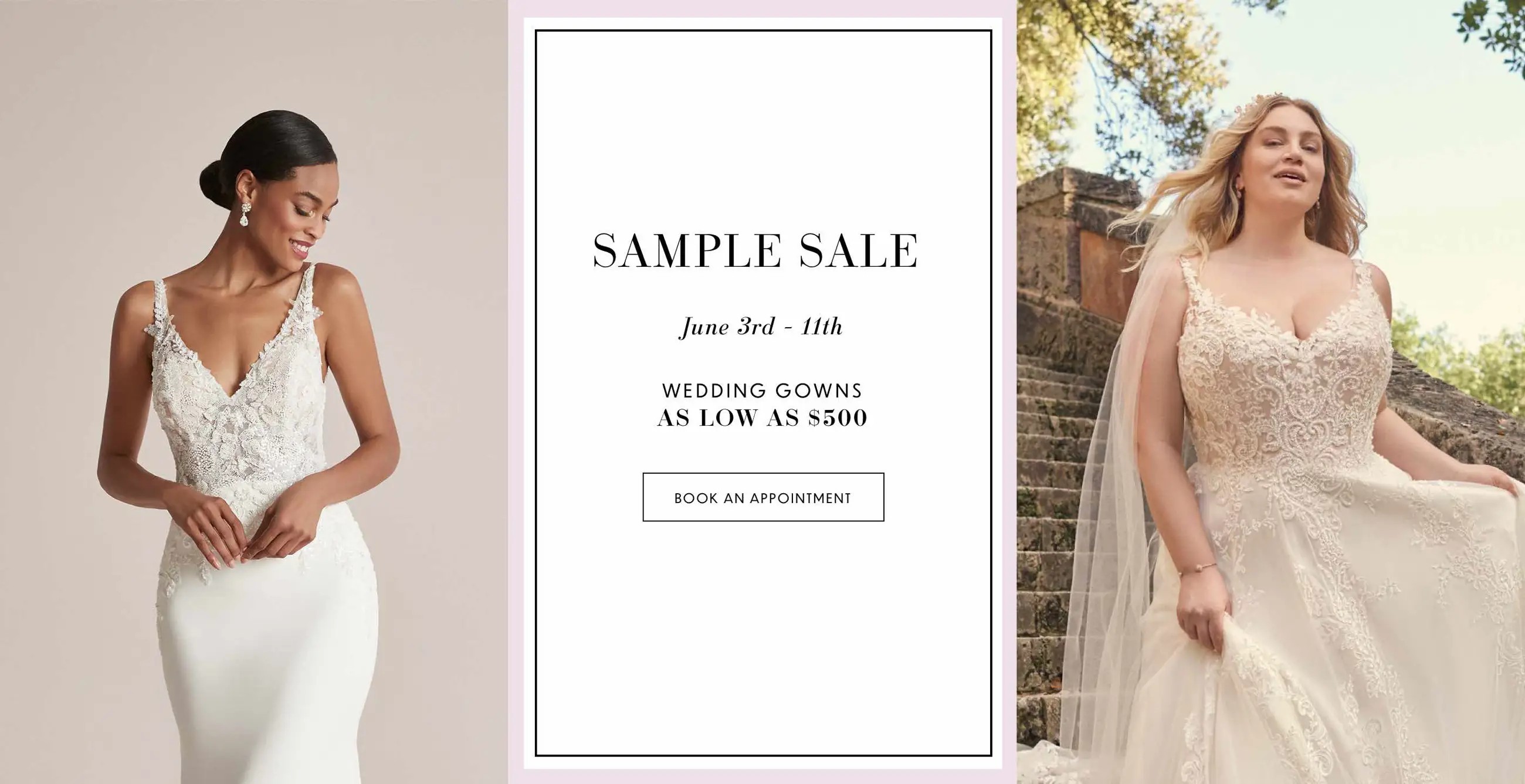 Sample sale at Liliana Bridal House. Models wearing bridal gowns. Desktop image.