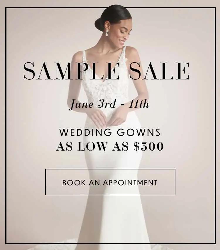 Sample sale at Liliana Bridal House. Models wearing bridal gowns. Desktop image.